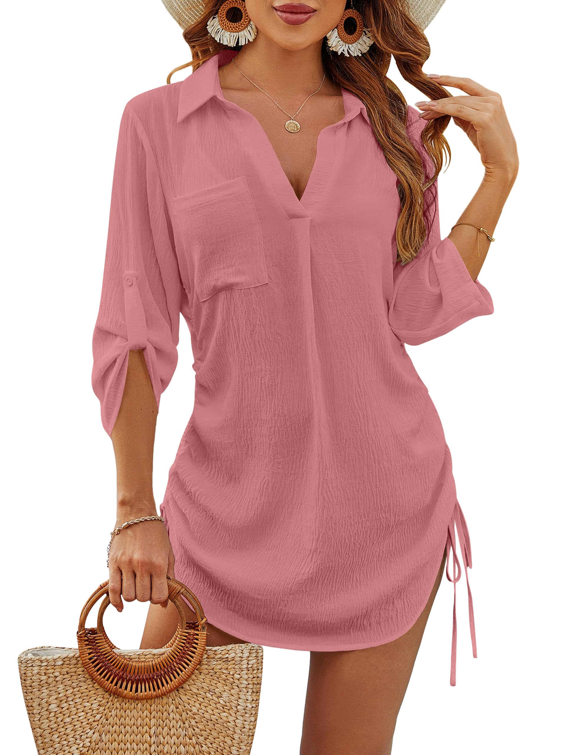 Blooming Jelly Womens Bathing Suit Cover Ups Bikini Swimsuit Coverup Drawstring Beach Dress Shirt