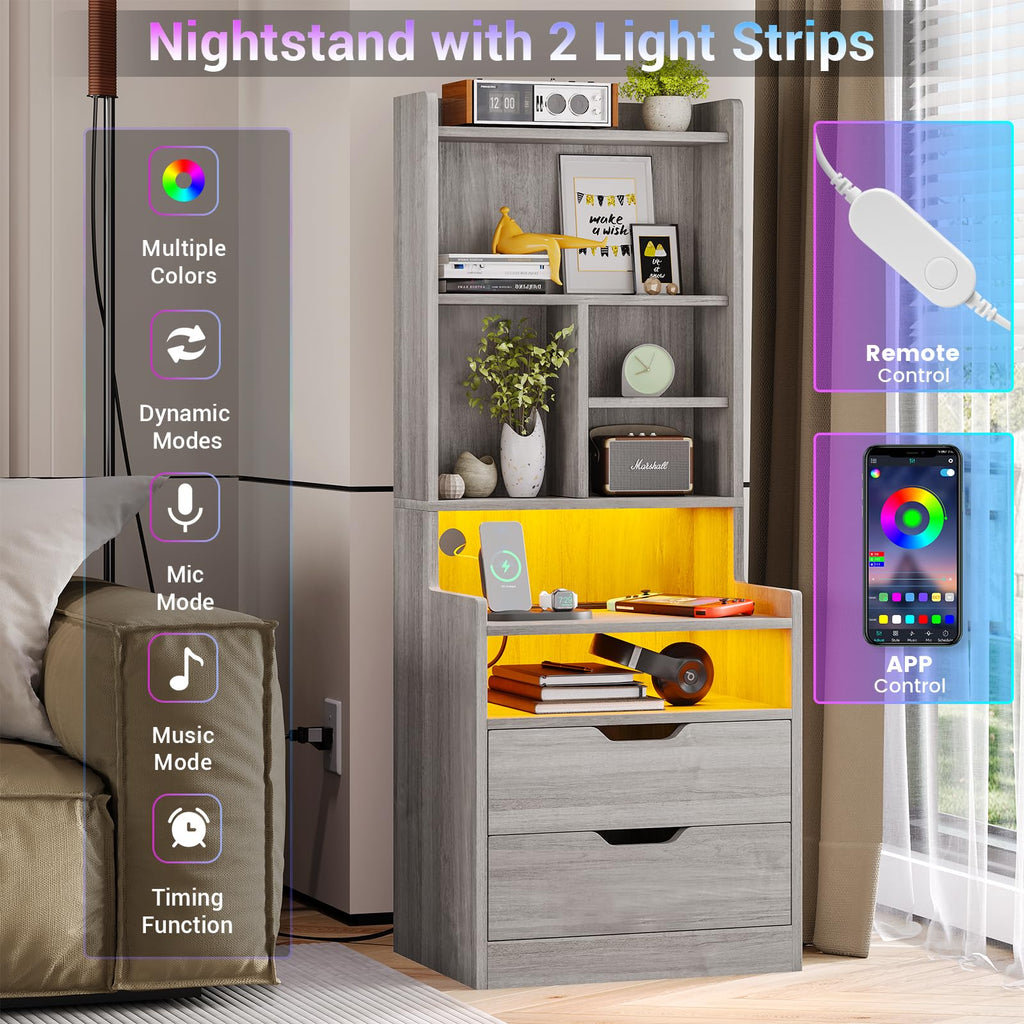 BTHFST Tall Nightstand with LED Lights and Charging Station, LED Black Nightstand with Shelves and 2 Drawers, Bedside Table with Bookshelf, Tall Side End Table with Storage