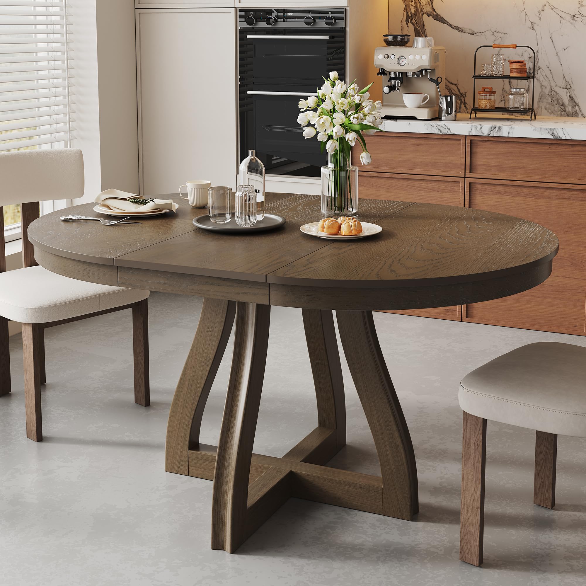 LUMISOL Round Dining Table for 4-6 People, 41"-57" Extendable Kitchen Table with 16" Removable Leaf for Small Places, Kitchen, Dining Room, Espresso