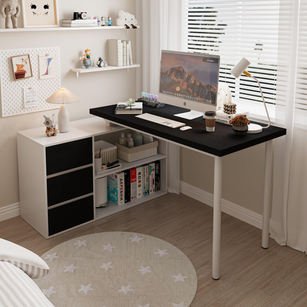 Bobve L Shaped Computer Desk, 47 Inch Home Office Desk with File Drawers & Storage Shelves, Small Corner Computer Desk for Small Space (Black + White)