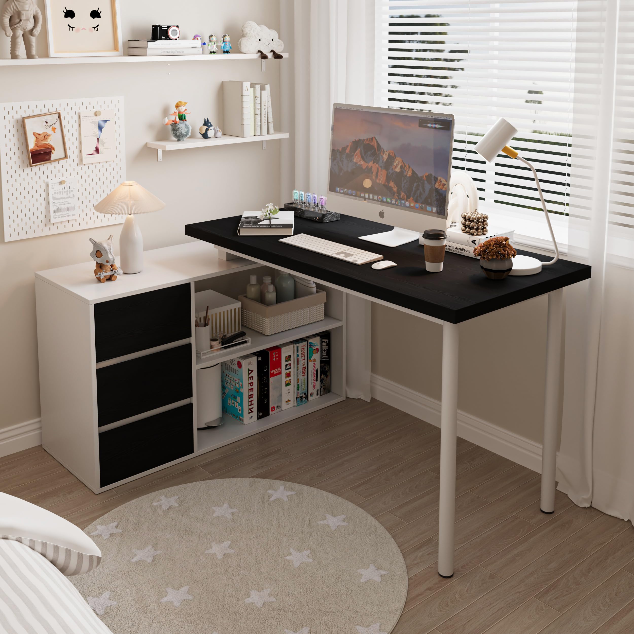 Bobve L Shaped Computer Desk, 47 Inch Home Office Desk with File Drawers & Storage Shelves, Small Corner Computer Desk for Small Space (Black + White)