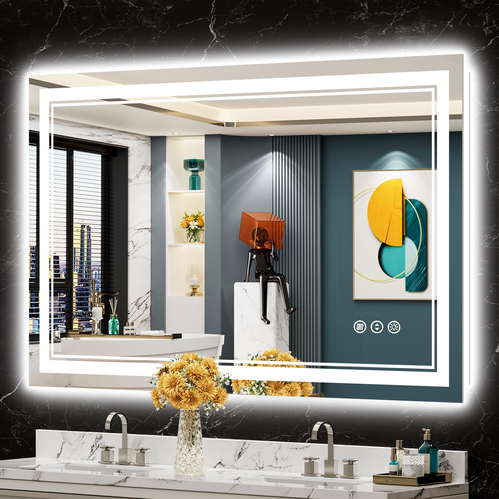 24x32 Black Framed LED Bathroom Mirror with Lights, Backlit and Front Lit Anti-Fog Lighted Vanity Mirrors for Bathroom Wall, Dimmable, 3 Colors, Memory, HD Tempered Glass, Horizontal/Vertical