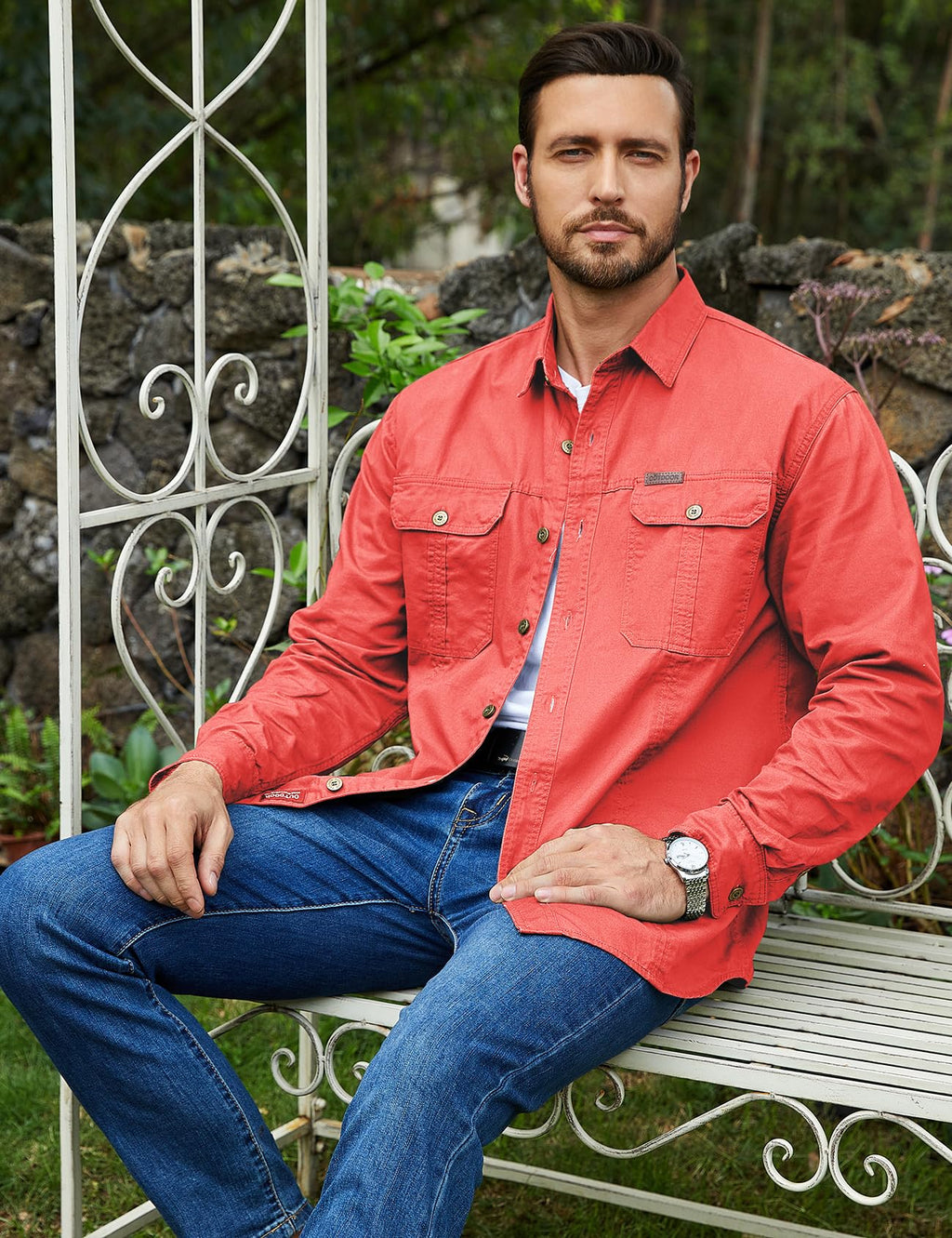 Eisctnd Men's Long Sleeve Cotton Work Shirt Casual Loose Fit Button Down Shirts with 2-Pocket for Outdoor Safari