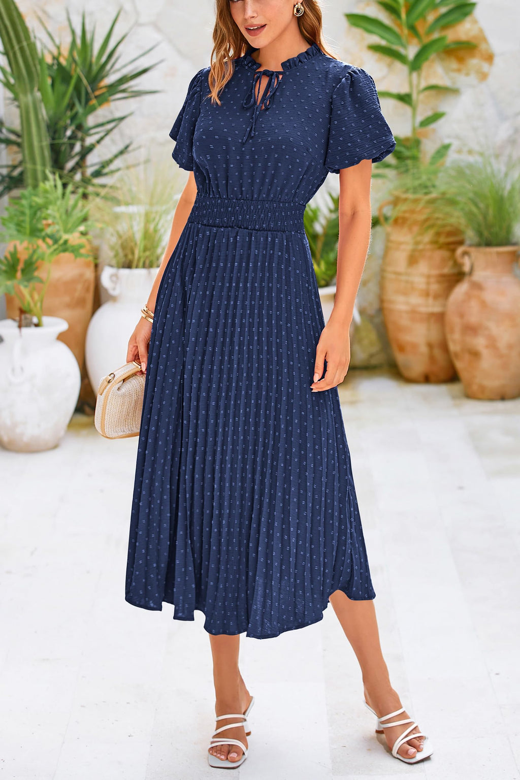 PRETTYGARDEN Womens Summer Midi Dresses Puff Short Sleeve V Neck Swiss Dot Pleated A Line Flowy Long Wedding Guest Dress