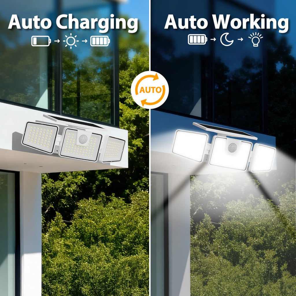 INCX 156 LED Solar Motion Lights Outdoor 2 Pack, 3 Heads Solar Security Lights with Motion Sensor IP65 Waterproof, Flood Lights for Wall, Patio, Garden, Porch, Garage White