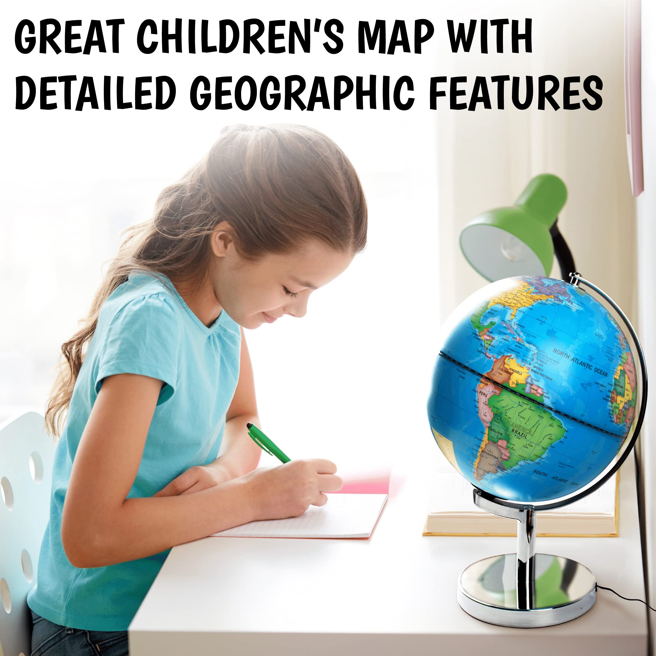 USA Toyz Illuminated Globe for Kids Learning- 3-in-1 STEM Globes of the World with Stand, Constellation Map, Built-in LED Night Light Desk Globe Lamp, Non-Tip Metal Base, 9.75” Tall, 7 Inch Diameter