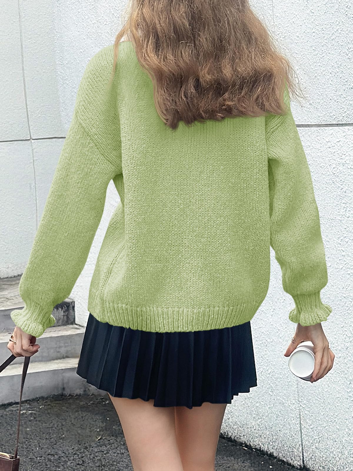 Saodimallsu Womens Ruffle Cardigan Oversized Button Up Fall Trendy Ribbed Knit Open Front Long Sleeve Loose Cute Sweater