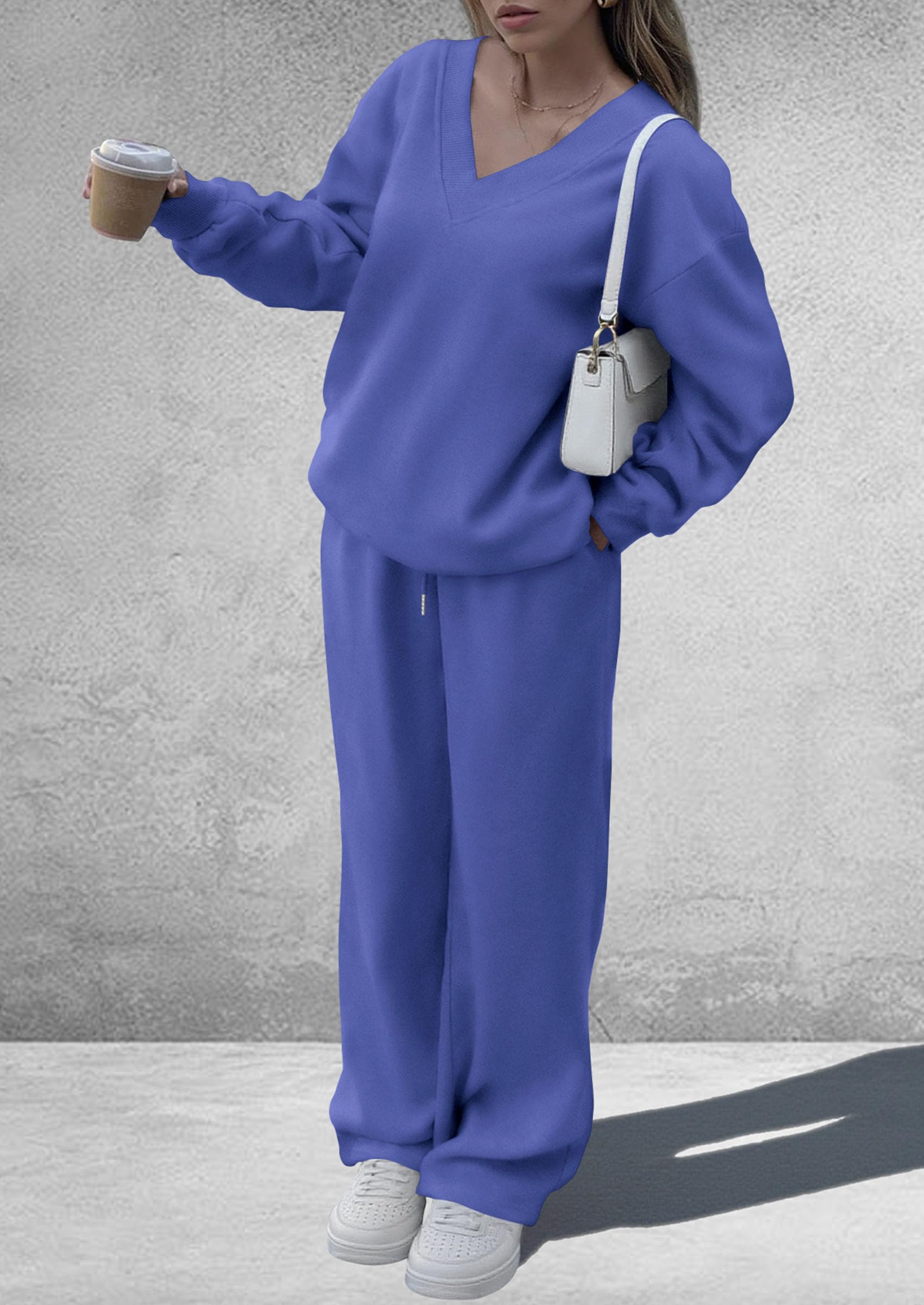 PRETTYGARDEN Casual Winter Two Piece Sets for Women 2026 V Neck Sweatshirt Loose Wide Leg Pants Tracksuit Knit Fall Outfits