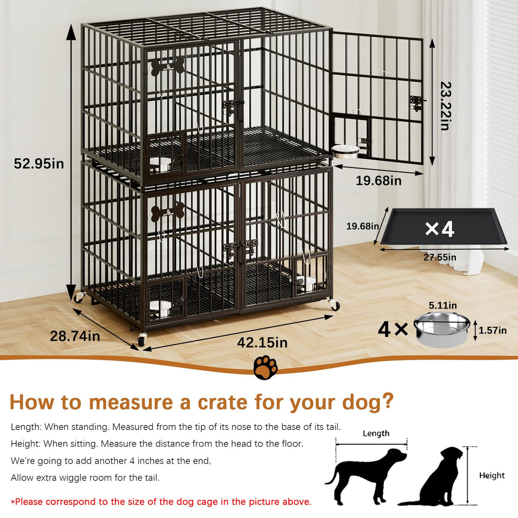 Dosker 42 inch Heavy Duty Metal Dog Crate with Divider for 2 Dogs/Large Dog, All Metal Open Top Escape Proof Cage, Indoor Dog Kennel with Wheels, Floor Grid, Tray, Feeding Bowl