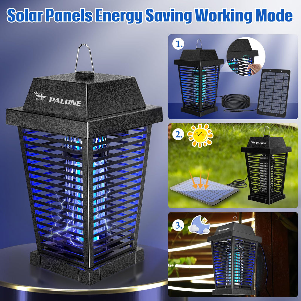 PALONE Bug Zapper with 4500V, USB-C and Solar Panel Dual Charging, Waterproof Bug Zapper with 7.5W Solar Charging Panel, Suitable for Camping Outdoor