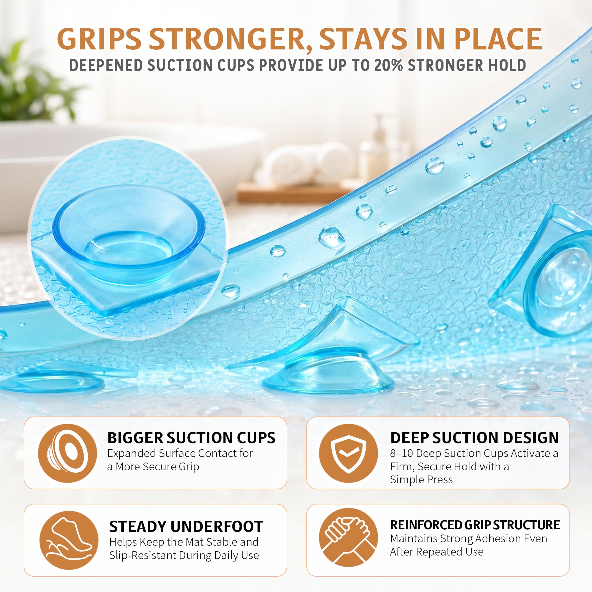 Yimobra Square Shower Mat Non Slip, Super Strong Suction Cups, 21"X21" Bath Tub Mat with Drain Holes, Machine Washable Fast Draining Bath Mats, Bathroom Essentials,Black