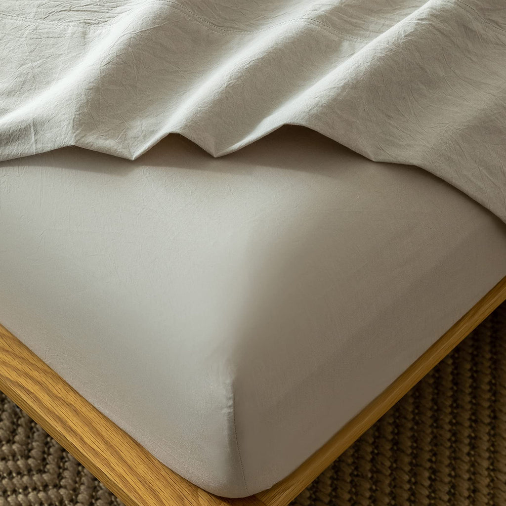 MooMee Fitted Bottom Sheet Only 100% Washed Cotton Linen Like Textured Breathable Durable Soft Comfy Deep Pocket Fits Mattress up to 17" (Almond Milk Grey, Twin)