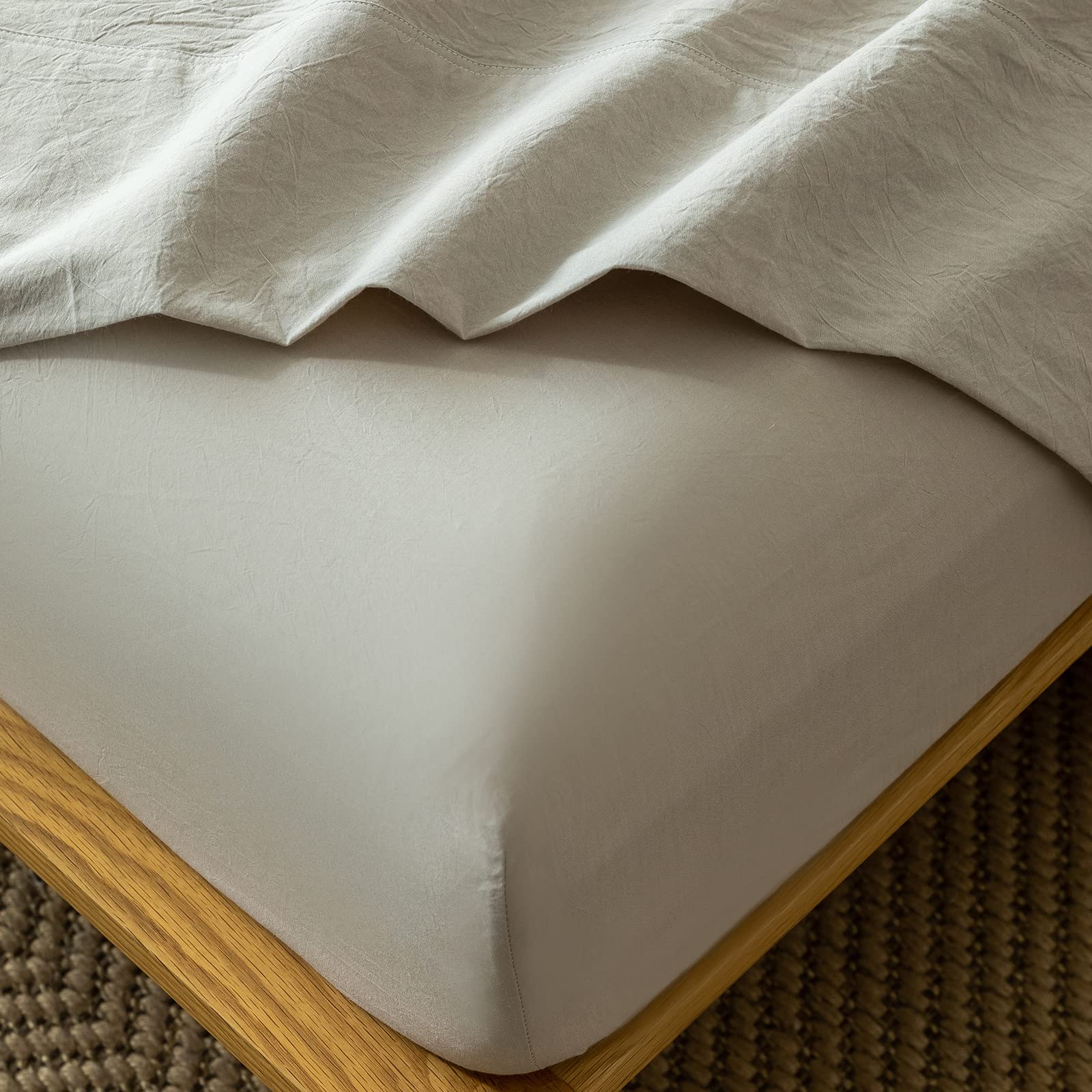 MooMee Fitted Bottom Sheet Only 100% Washed Cotton Linen Like Textured Breathable Durable Soft Comfy Deep Pocket Fits Mattress up to 17" (Almond Milk Grey, Twin)