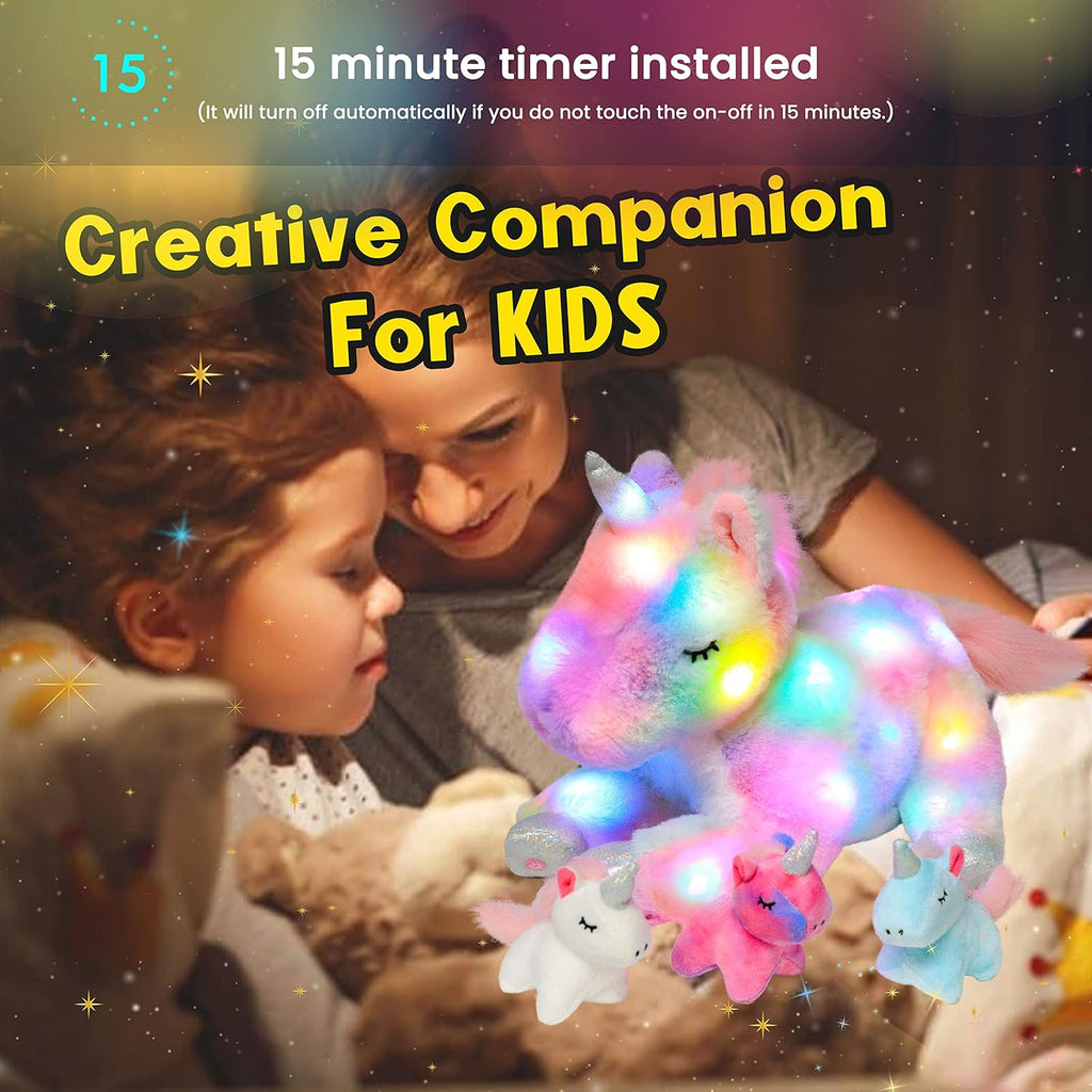 Hopearl LED Plush Unicorn Lighting Up Stuffed Mommy Unicorn with 3 Baby Unicorns in her Tummy Stuffed Animal Playset Night Lights Glow in The Dark for Mom Toddler Girls, Rainbow, 19''