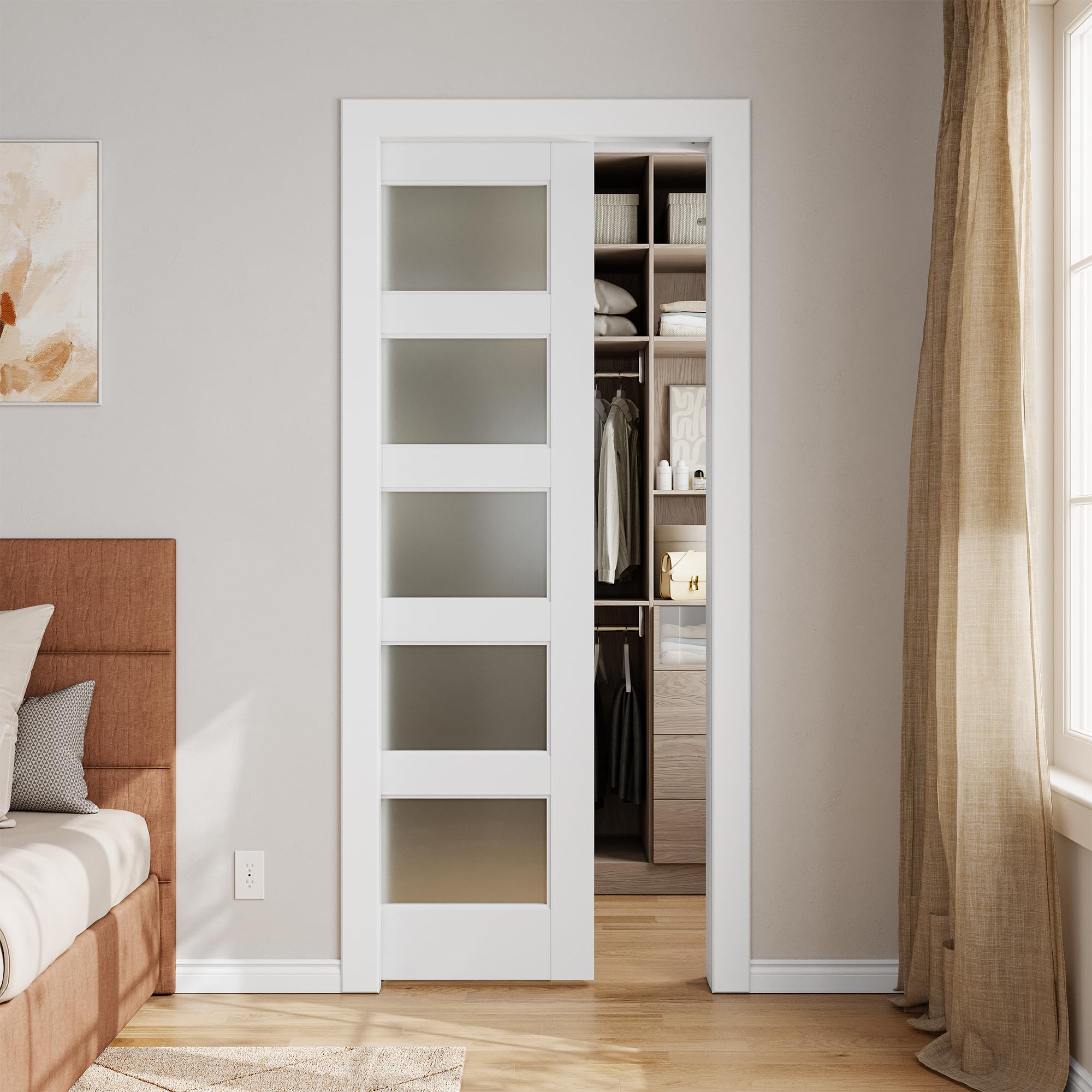 Sliding Pocket Door 24" x 80", 5-Panel Frosted Glass Panel with Soft Close Pocket Door Frame Kit, Interior & Closet Pre-Assembled Door Slab, White Primed