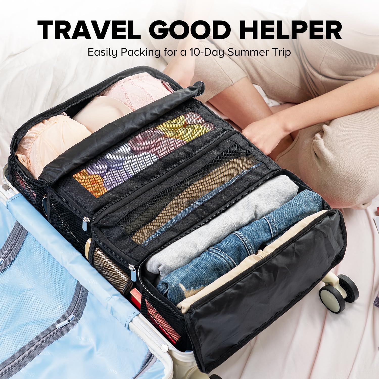 Suitcase Organizer, Travel Luggage Organizer Hanging Shelves Packing Cube Closet/Collapsible Portable Travel Organizer for Carry-on
