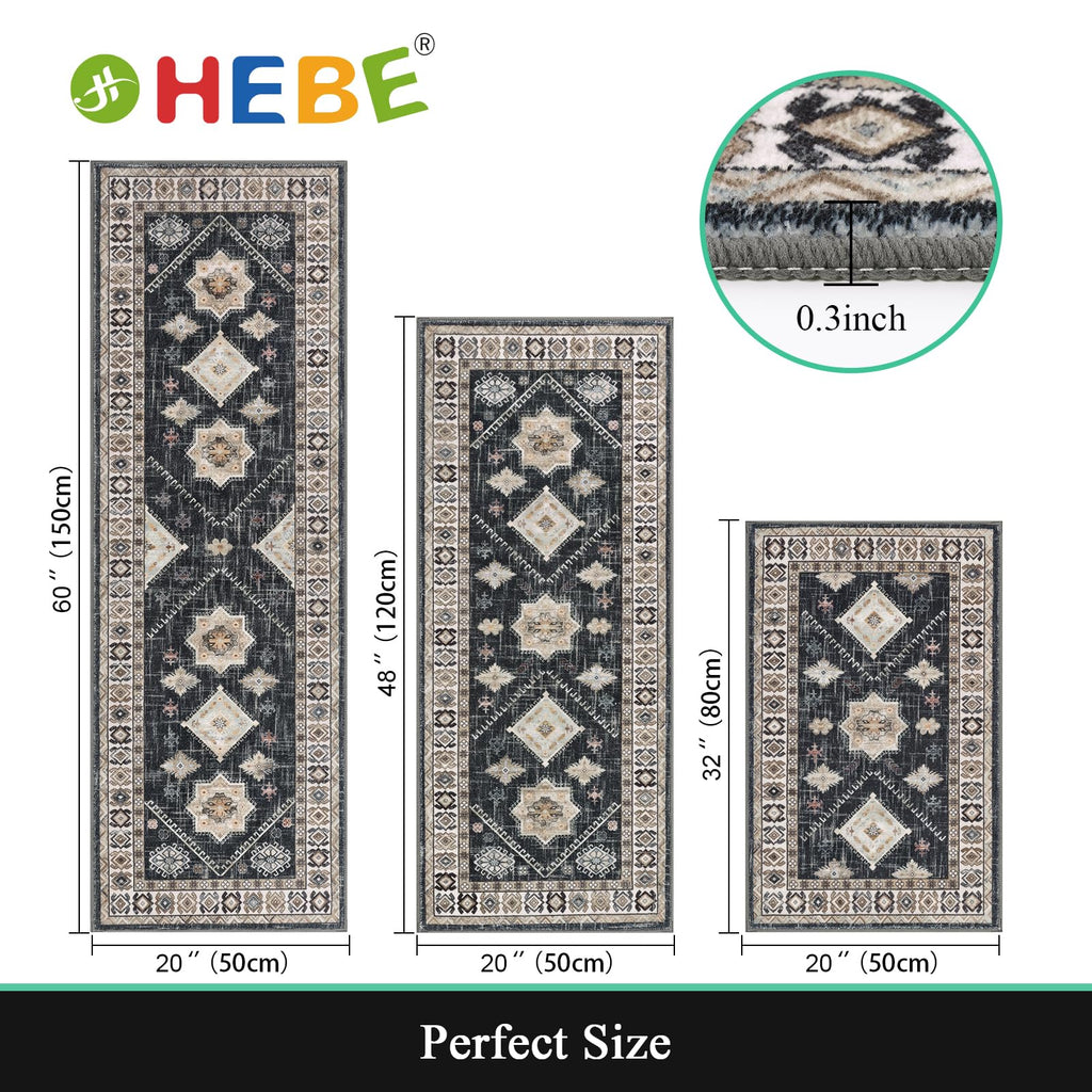 HEBE Boho Kitchen Rug Sets 3 Piece with Runner Non Slip Kitchen Rugs and Mats Washable Kitchen Mats for Floor Thick Kitchen Floor Mat Carpet Runner Rugs for Hallway Laundry Holiday Decor