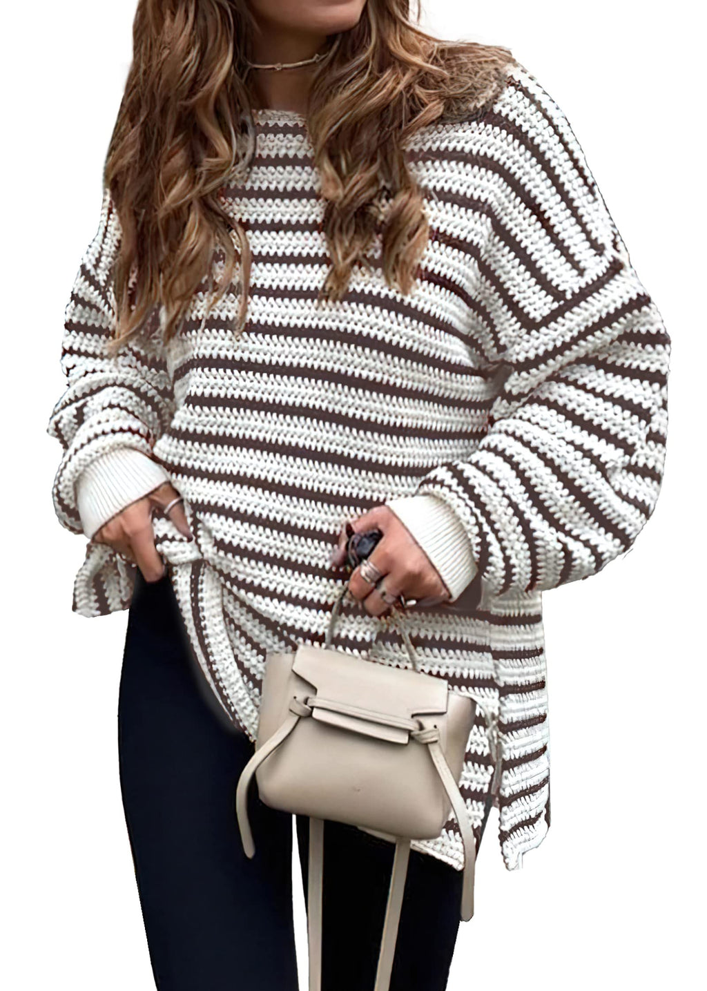 KIRUNDO Women's 2026 Fall Winter Oversized Long Sleeve Striped Sweater Casual Crewneck Side Split Pullover Knit Tops