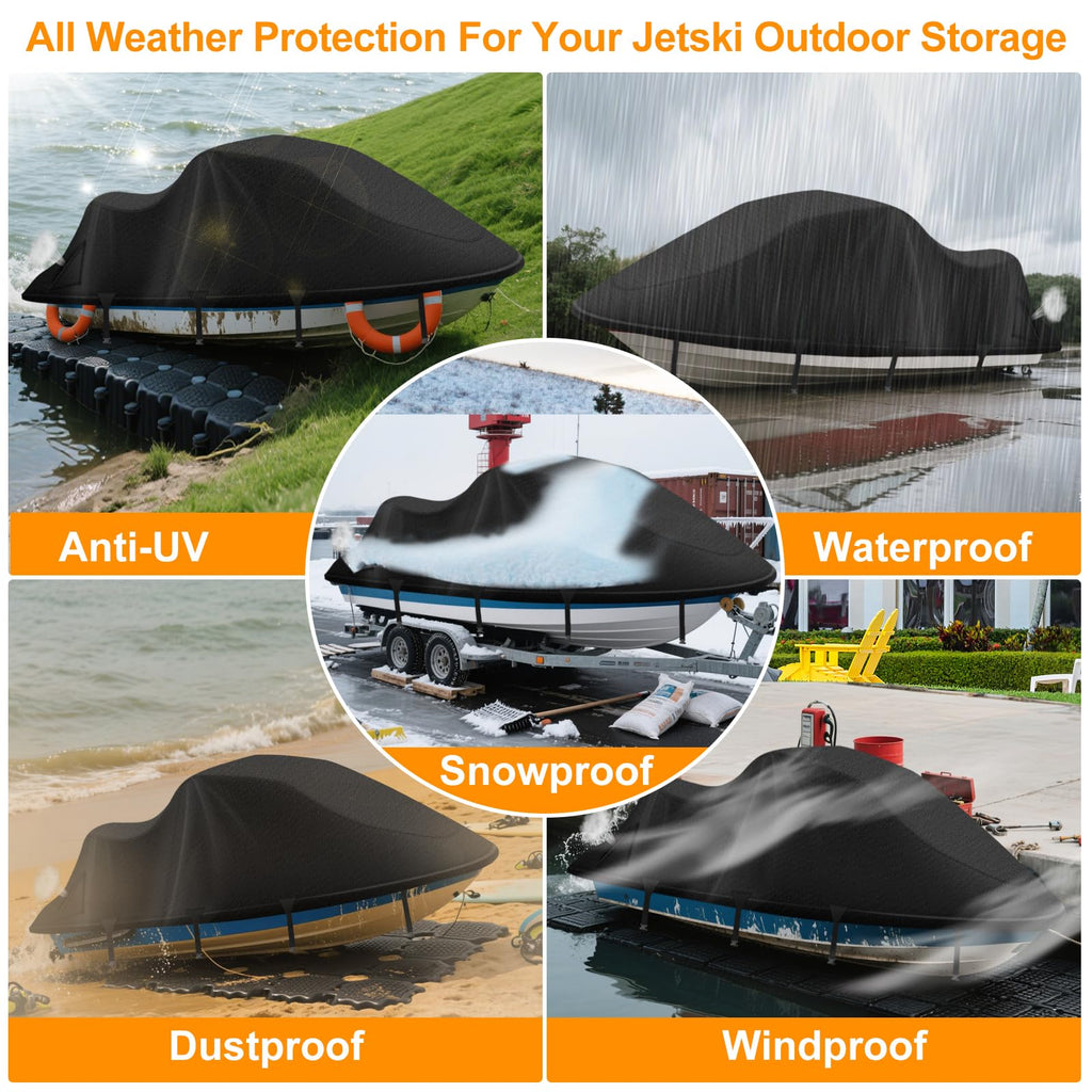 Jet Ski Cover,Heavy Duty 900D Oxford Jetski Cover 2 3 Seater with 2 Air Vents，4 Windproof Buckles，Easy On，Jetski Cover Waterproof for Seadoo Spark,Yamaha,All Weather Protection(Black, XL:115"-120")