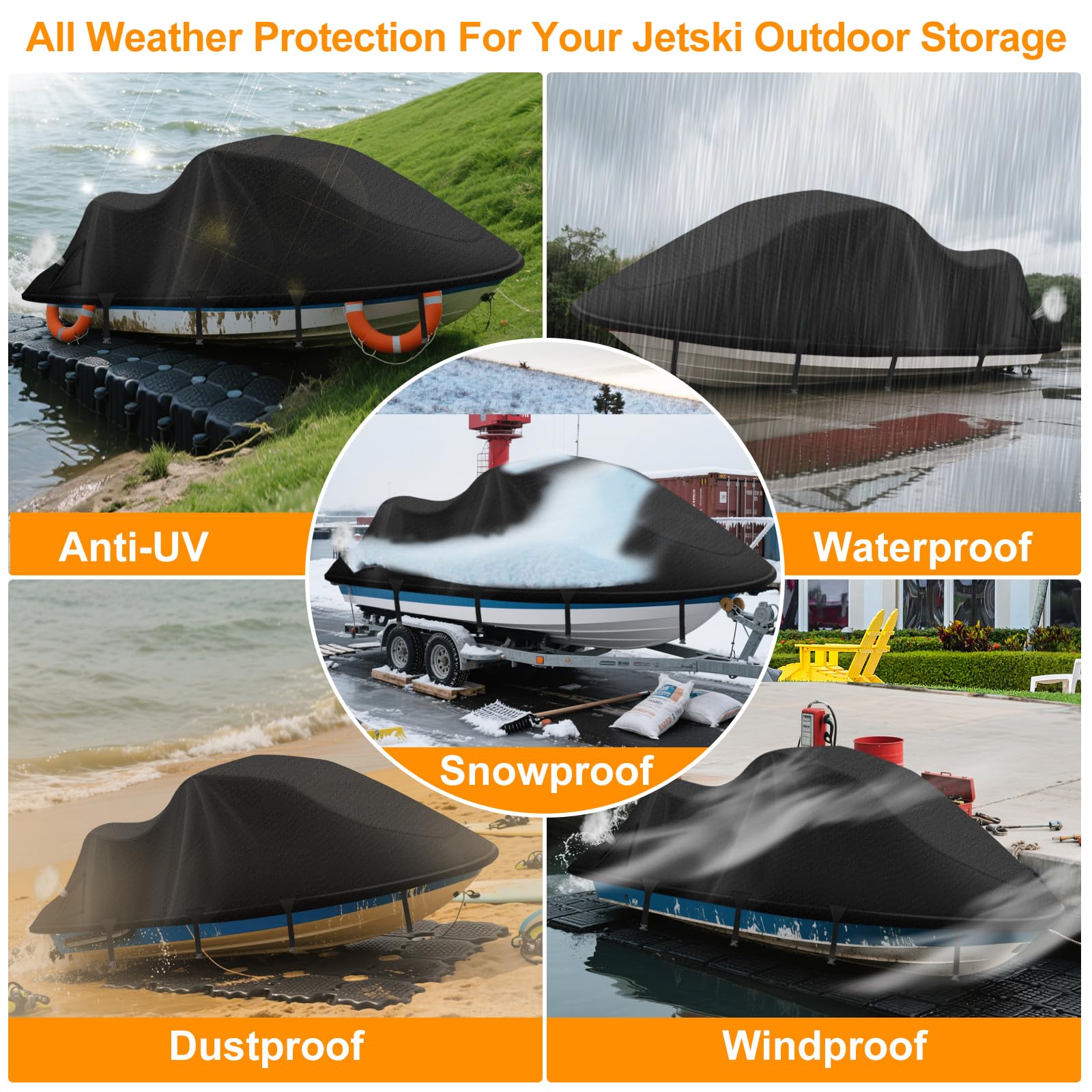 Jet Ski Cover,Heavy Duty 900D Oxford Jetski Cover 2 3 Seater with 2 Air Vents，4 Windproof Buckles，Easy On，Jetski Cover Waterproof for Seadoo Spark,Yamaha,All Weather Protection(Black, XL:115"-120")