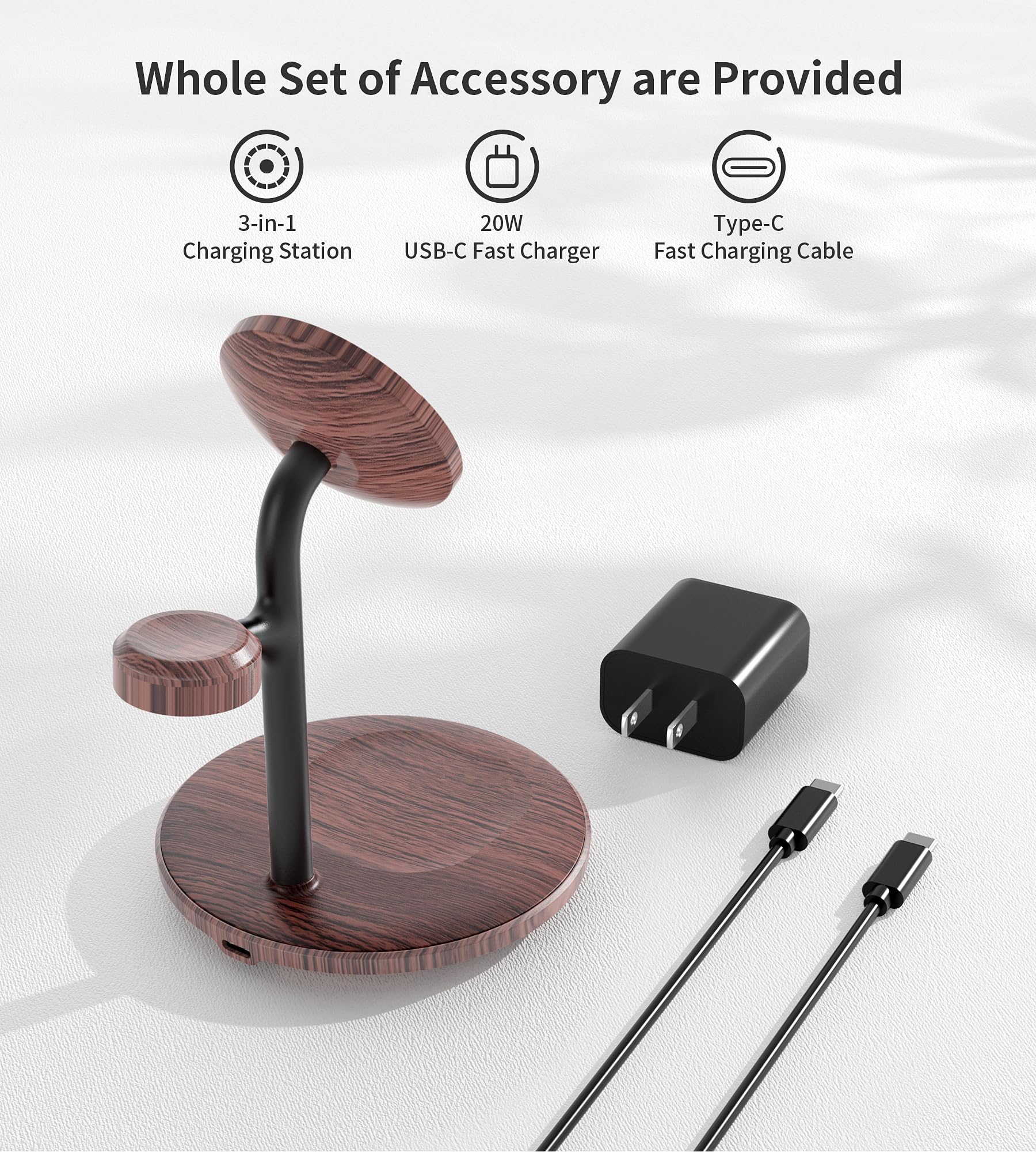 XooFly 3 in 1 Wireless Charging Station for Apple Devices, Fast Wireless Mag-Safe Charger Stand with 20W Adapter for iPhone 17/16 15 14 13 12 Pro Max/Pro/Plus/Air/Mini, iWatch, AirPods (Black)