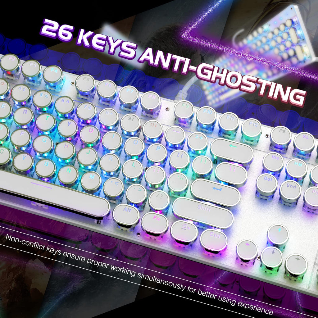 YSCP Typewriter Style Mechanical Gaming Keyboard RGB Backlit Wired with Blue Switch Retro Round Keycap 104 Keys Keyboard (R-Black)