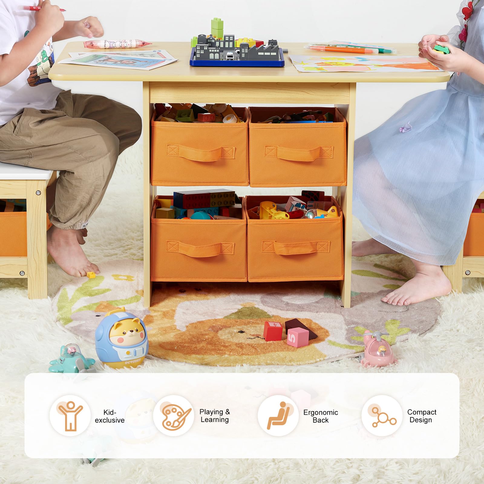 Kids Table and Chair Set (2 Chairs Included), Wooden Toddler Desk Group with 6 Storage Bins Boxes, Children's Furniture, Water Resistant (Gray)