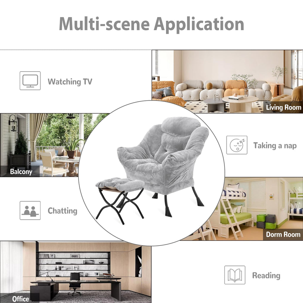 Youtanic Lazy Chair with Folding Ottoman, Accent Chair Velvet Upholstered with Metal Structure and Non-Slip Pads, Sofa Armchair with Footrest and Side Storage Bag for Dorm, Room, Office, Beige