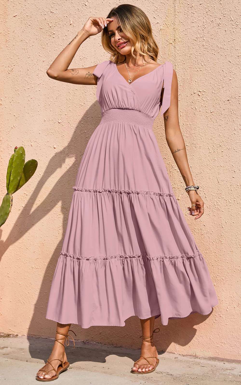 PRETTYGARDEN Women's Cross Neck Summer Sleeveless Tiered Maxi Dress Beach Tie Strap Smocked Long Dresses Pleated Sundress