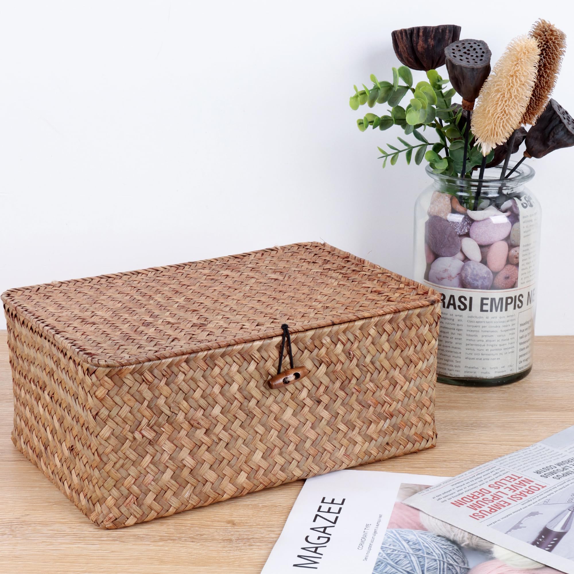 FEIALNDUO Wicker Shelf Baskets with Lid,Seagrass Storage Basket Bins Rectangular Handwoven Basket Boxes for Shelves Desktop Home Organizer (Coffee, X-Small)