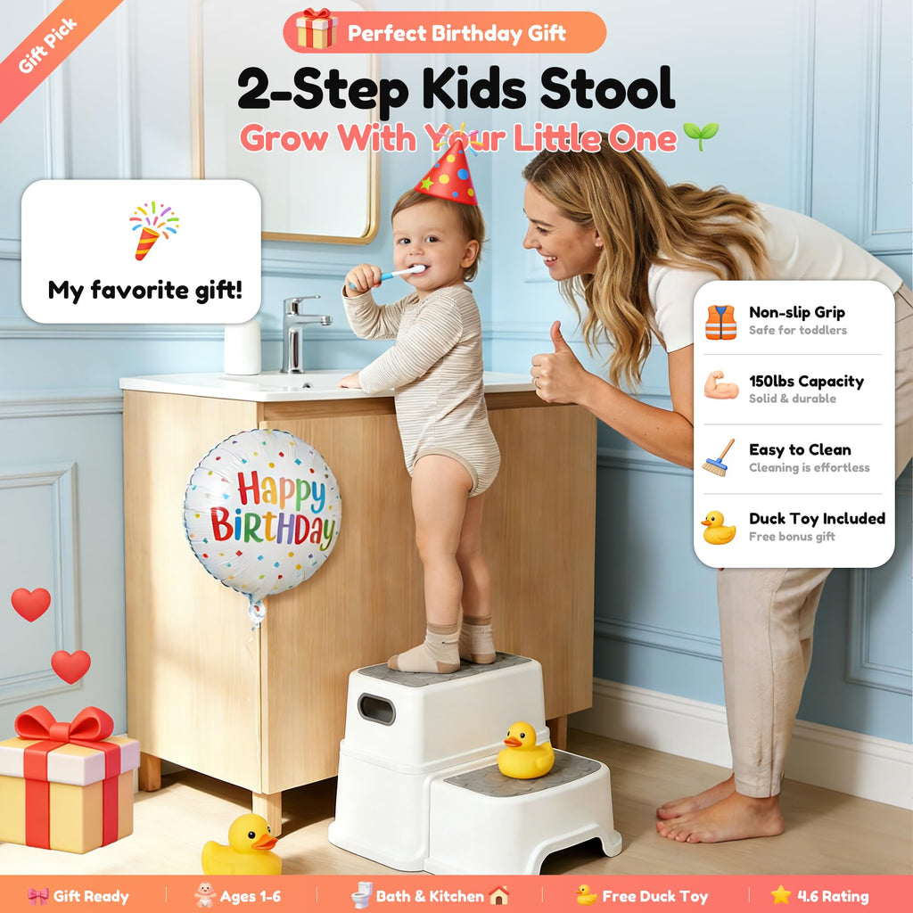 UNCLE WU Toddler Step Stool for Potty Training, Bathroom Sink & Toilet - 2 Step Kids Poop Stool, Non-Slip Step Stool with Handles, Dual Height Stepping Stool for Kitchen Counter (Include 2 Ducks)