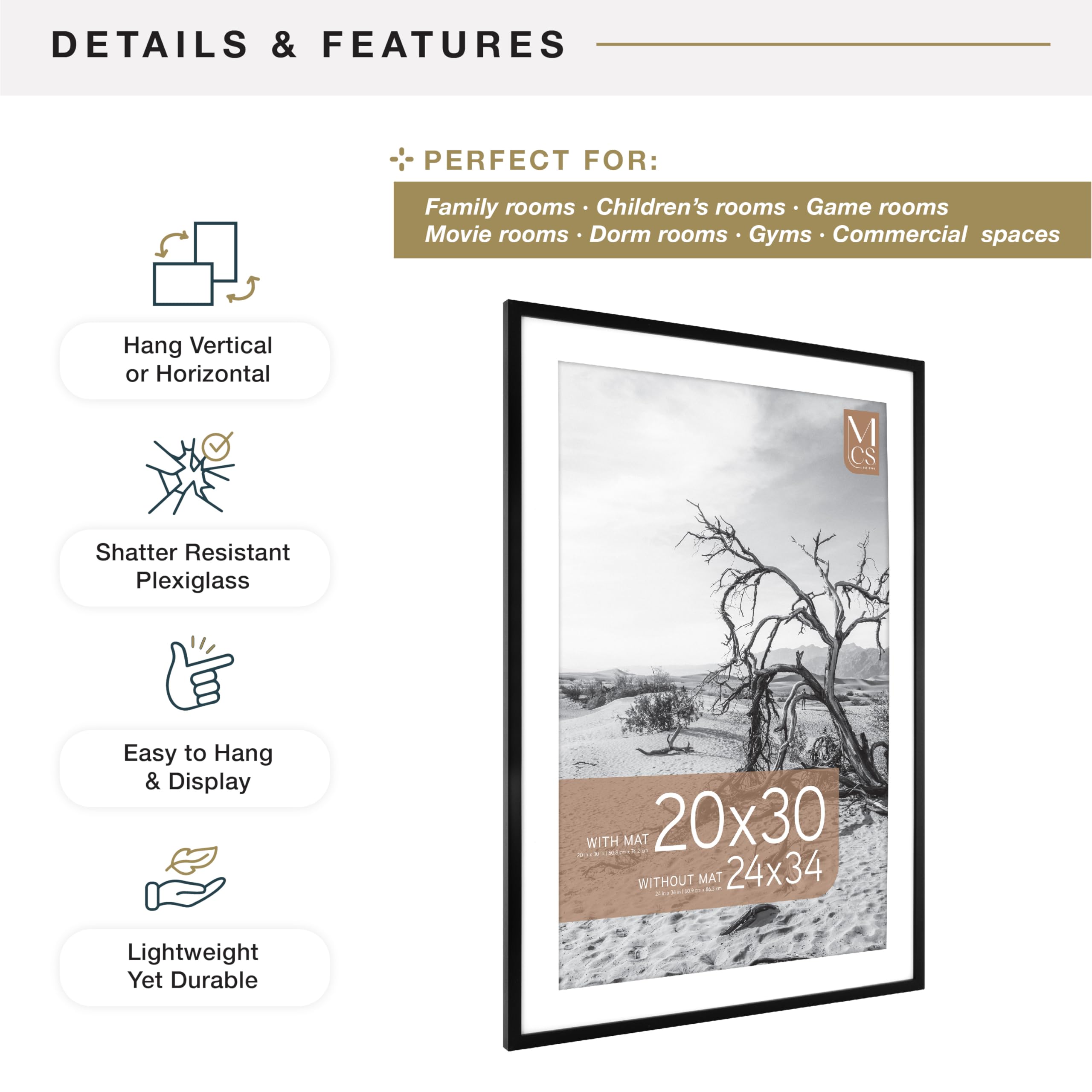 MCS Everline Collection 14x20 Matted Poster Frame with 11x17 Picture Display, Black Vertical & Horizontal Wall Hanging Large Frame for Photos, Posters & Art Prints (1-Pack)
