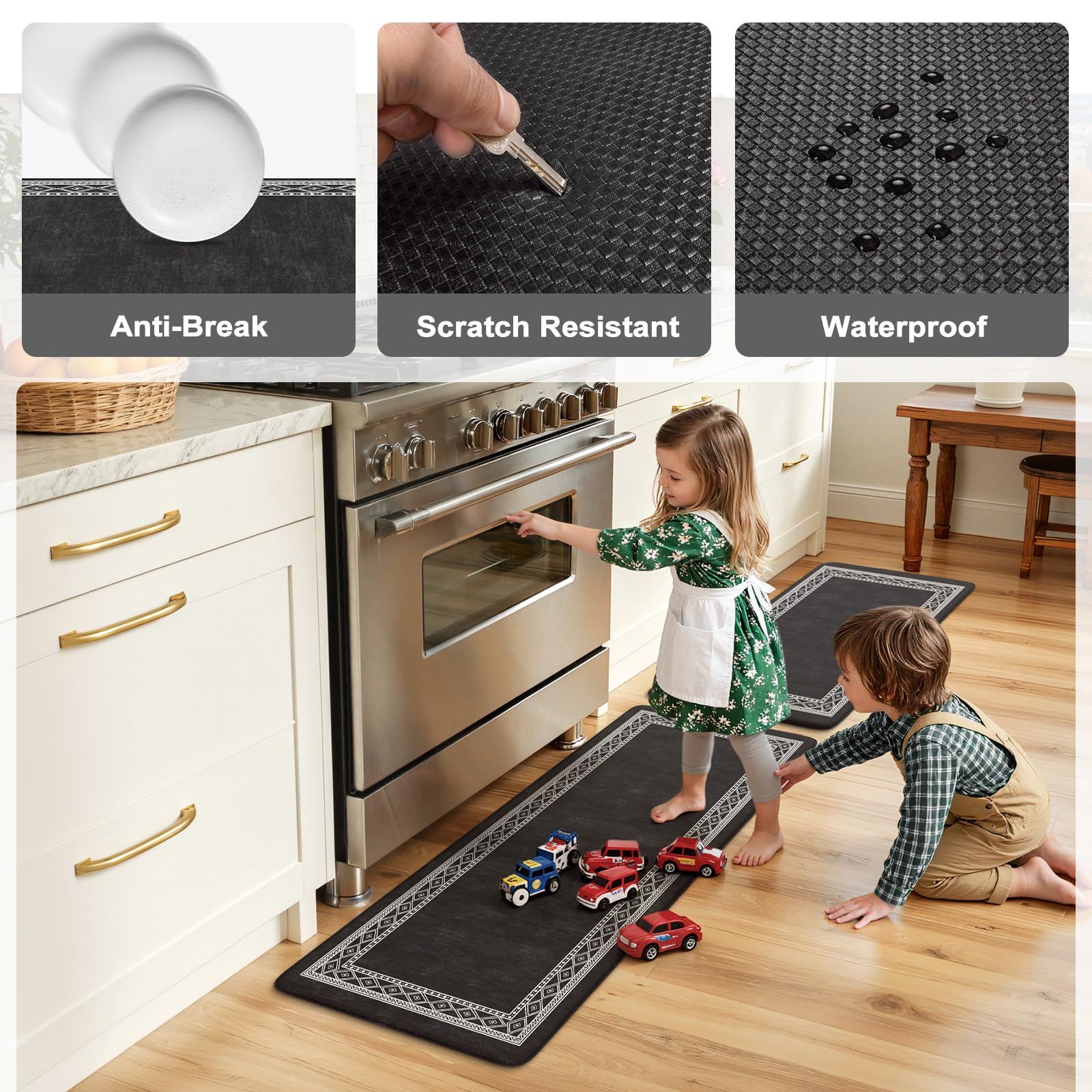 KIMODE Anti Fatigue Kitchen Mats 17"x47"+17"x29", Farmhouse Kitchen Rugs Sets of 2, Cushioned Non Skid Kitchen Mats for Floor, Comfort Kitchen Floor Mats for Sink Laundry Desk Black