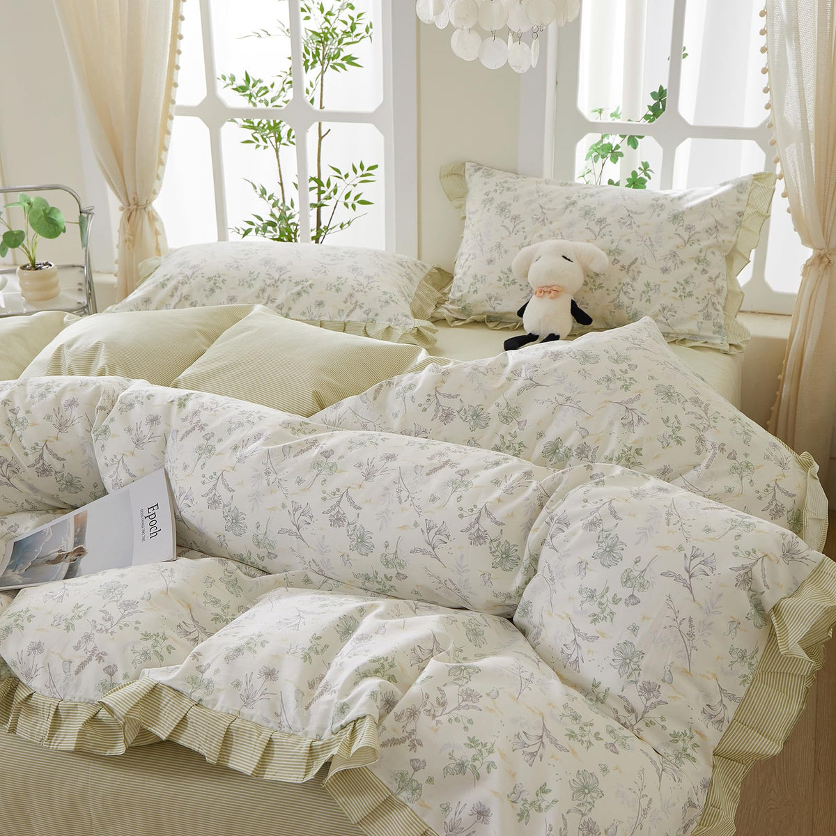 Pink Flower Duvet Cover Twin Chic Floral Print Ruffle Duvet Cover Cotton Lace Comforter Cover Country Style Floral Bedding Set Romantic Ruffle Comforter Cover Flower Bedding Cover with 2 Pillowcases