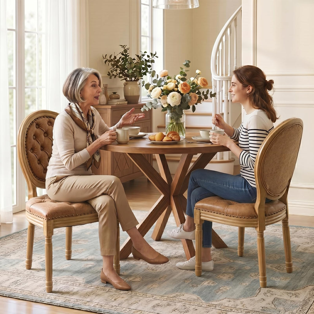 SoarFlash Linen French Dining Chairs Set of 2, Vantage Dining Chair with Round Back, Wood Leg Farmhouse Country Dining Chair for Living Room,Kitchen,Bedroom,Beige
