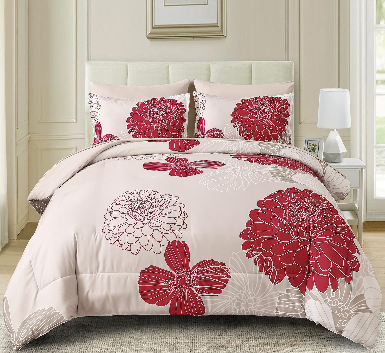 Yiran 7 Pieces Bed in a Bag Blue Floral Comforter Set Queen Size Flowers Comforter Set Soft Microfiber Bedding Set (1 Comforter 1 Flat Sheet 1 Fitted Sheet 2 Pillowshams 2 Pillowcases)