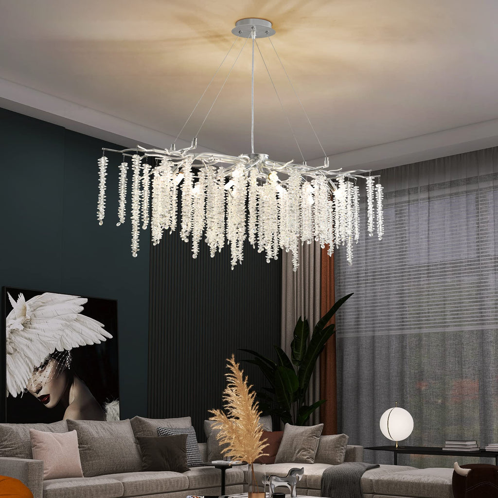 Modern Crystal Raindrop Chandelier, L40'' Black Linear Rectangle Art Deco Tree Branch Lighting Fixture for Kitchen Island Living Room Foyer Staircase 10 Lights