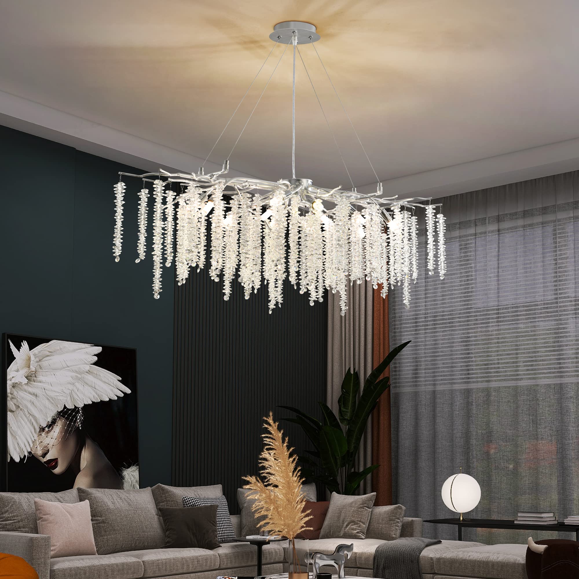 Modern Crystal Raindrop Chandelier, L40'' Black Linear Rectangle Art Deco Tree Branch Lighting Fixture for Kitchen Island Living Room Foyer Staircase 10 Lights