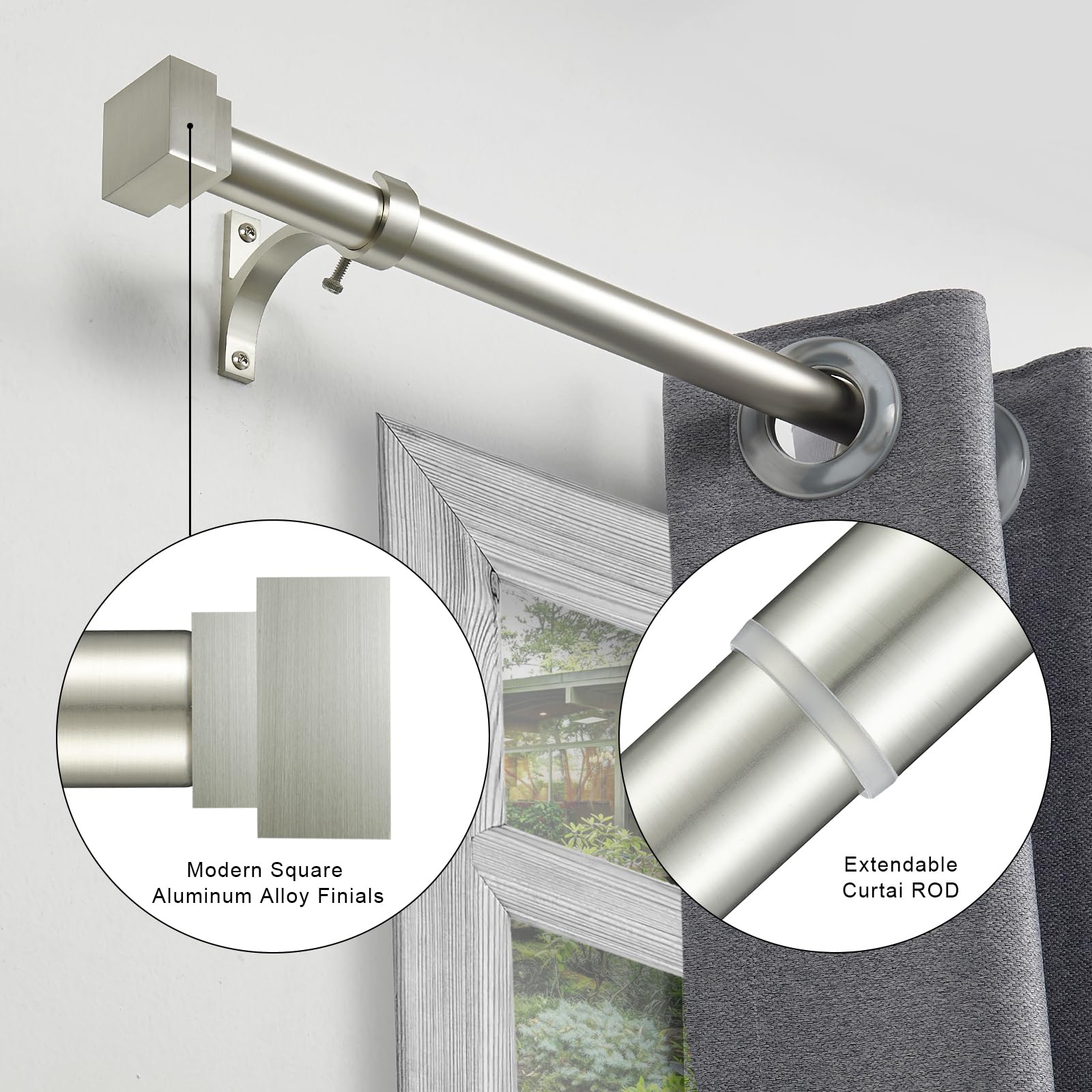 Single Curtain Rods for Windows 28 to 48 Inch(2.3-4ft),1 Inch Diameter Adjustable Heavy Duty Drapery Rods,with Modern Square Aluminum Alloy Finials,Antique Bronze