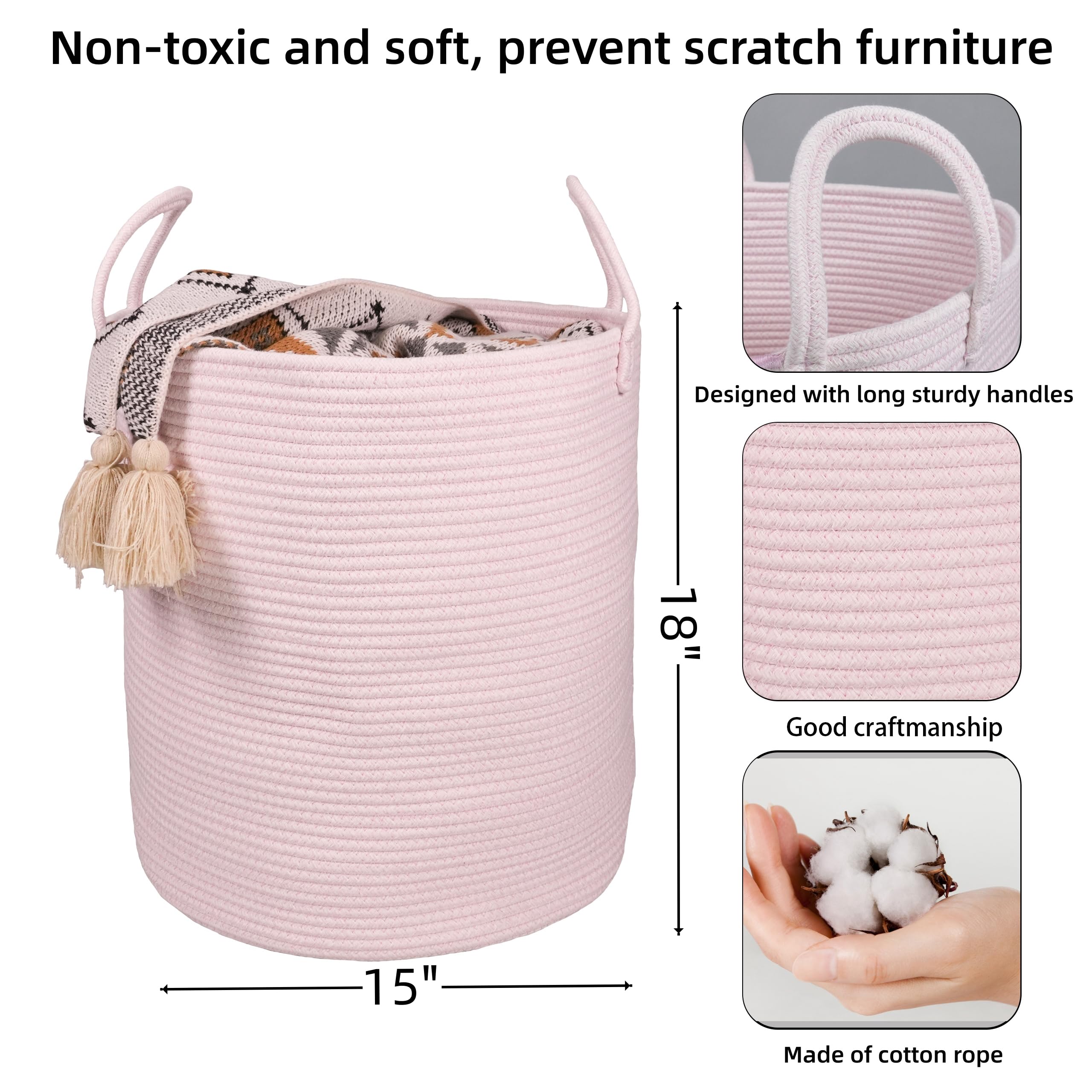 XUANGUO Black Cotton Rope Laundry Basket Hamper for Clothes Woven Storage Basket for Living Room Bedroom Boho Tall Rope Baskets for Blanket Toys Pillow Towels Baby Nursery Hamper Bin Large