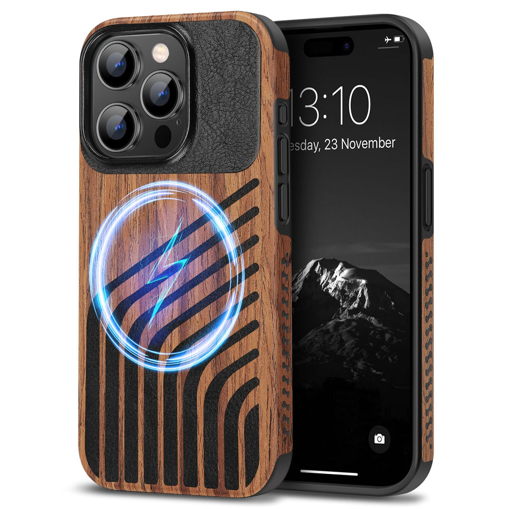 TENDLIN Compatible with iPhone 15 Case Wood Grain with Carbon Fiber Texture Design Leather Hybrid Slim Case (Black)