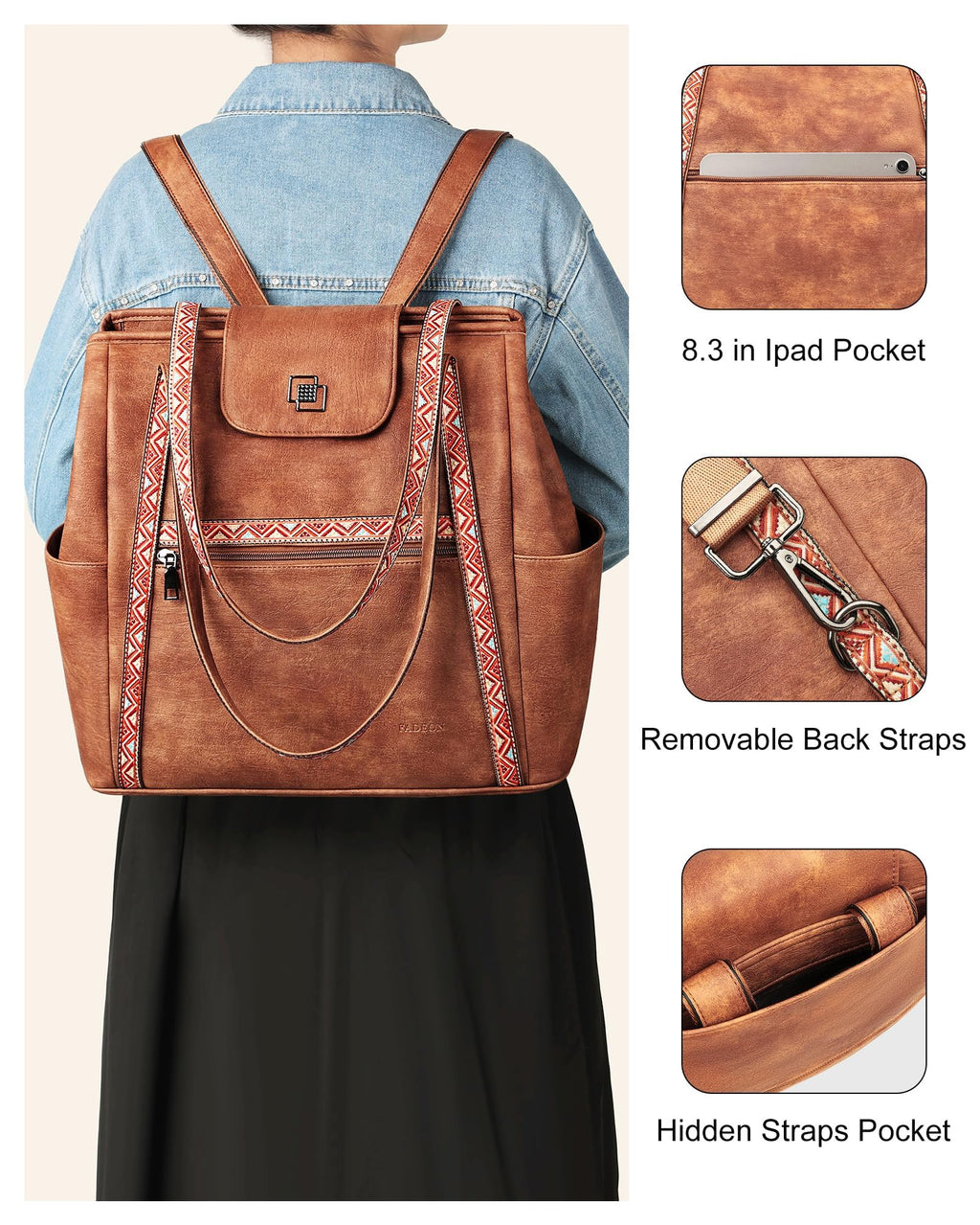 FADEON Large Laptop Tote Bag for Women Designer Leather Laptop Bag Fashion Travel Backpack Purse Shoulder Handbag