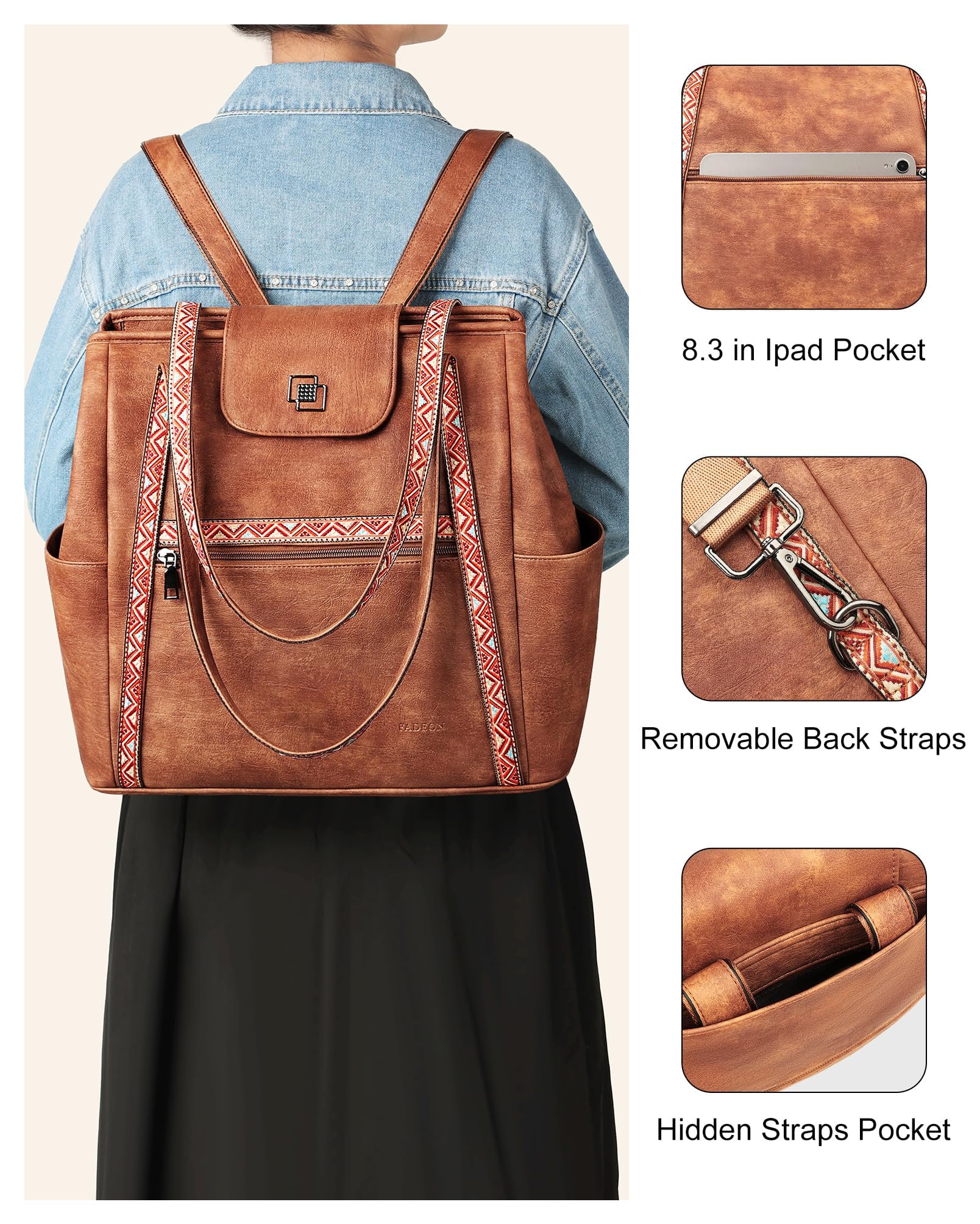 FADEON Large Laptop Tote Bag for Women Designer Leather Laptop Bag Fashion Travel Backpack Purse Shoulder Handbag