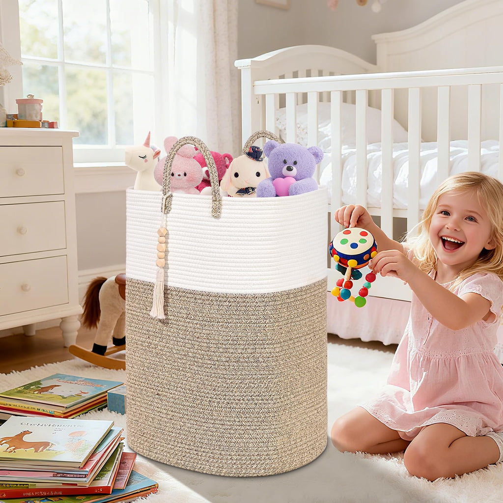 Woven Laundry Basket for Clothes, 50L Large Rectangle Laundry Hampers with Beads Tassel, Nursery Storage Basket for Toys, Tall Dirty Clothes Hamper for Bedroom Aesthetic, Laundry Room Organization