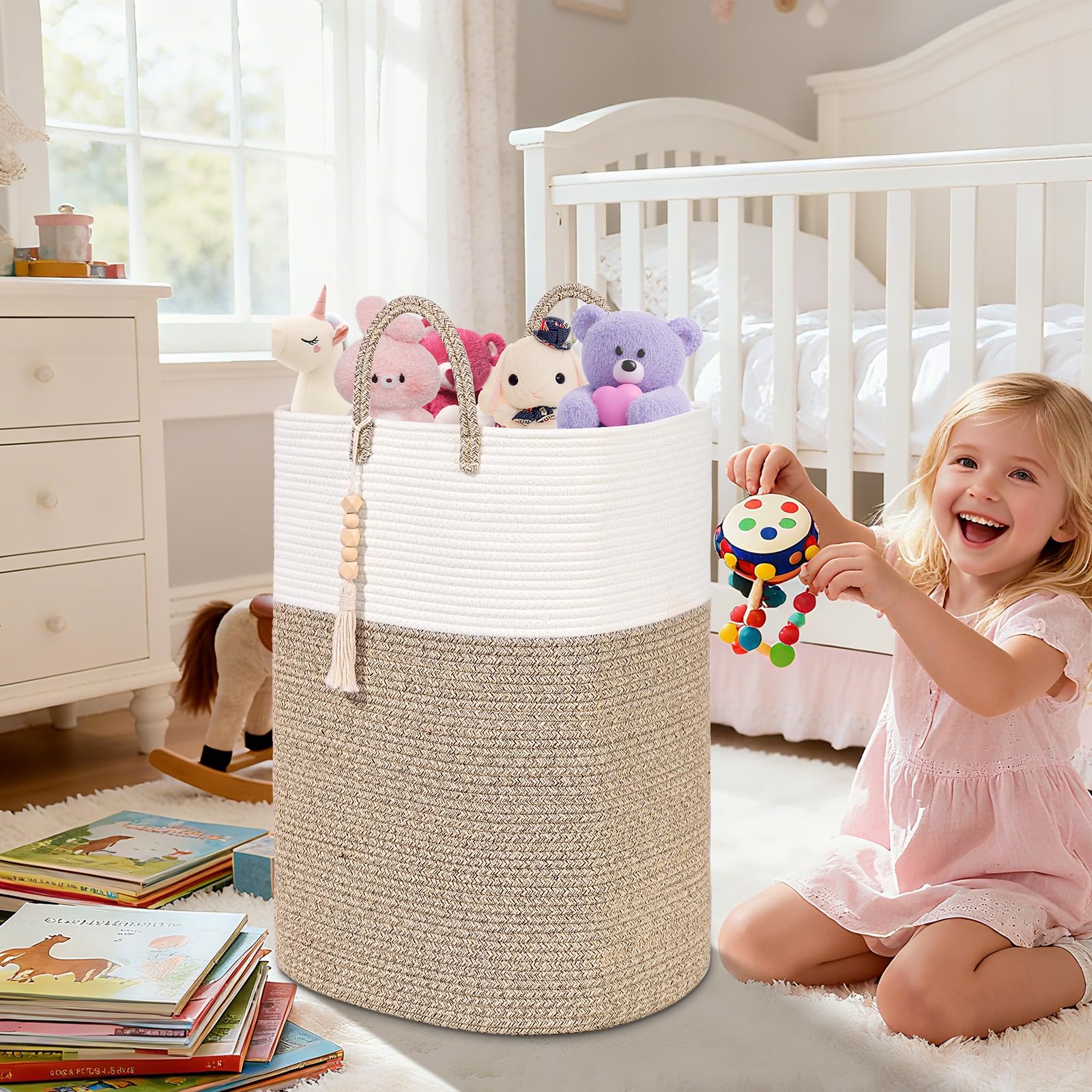 Woven Laundry Basket for Clothes, 50L Large Rectangle Laundry Hampers with Beads Tassel, Nursery Storage Basket for Toys, Tall Dirty Clothes Hamper for Bedroom Aesthetic, Laundry Room Organization