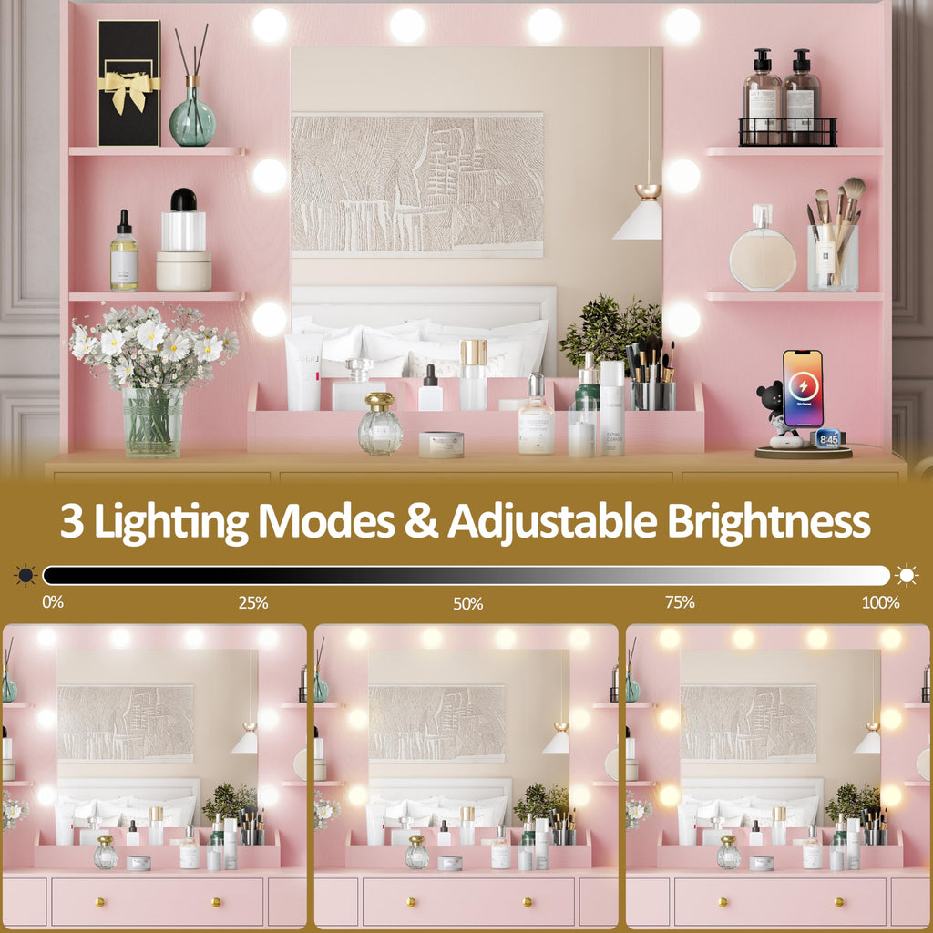 HUANLEGO Vanity Desk with Mirror and Lights, Makeup Vanity with Mirror and LED Lights & Power Outlet, 3 Drawers and Cabinets, 3 Lighting Modes Dressing Table Set for Girls Women Bedroom,Oak