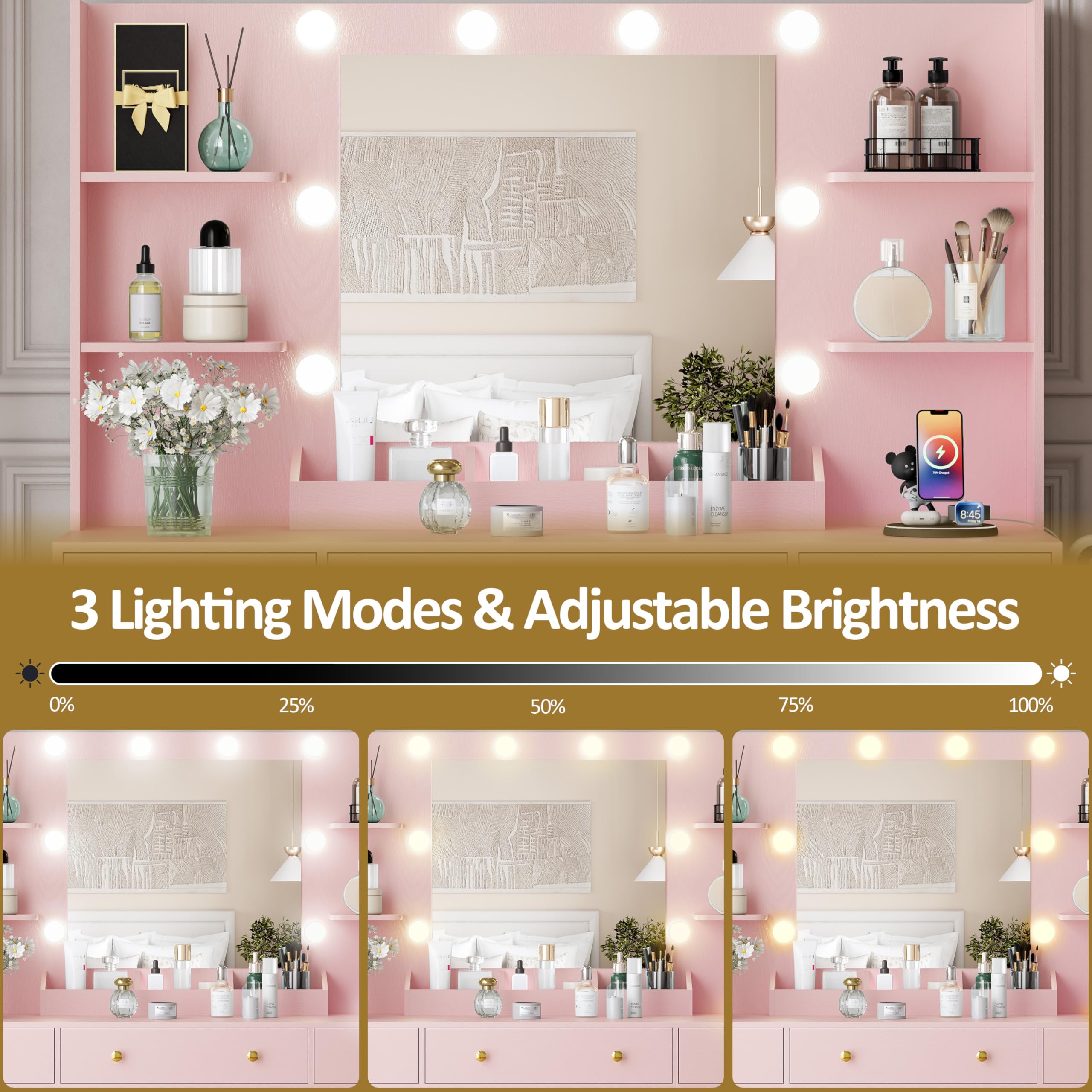 HUANLEGO Vanity Desk with Mirror and Lights, Makeup Vanity with Mirror and LED Lights & Power Outlet, 3 Drawers and Cabinets, 3 Lighting Modes Dressing Table Set for Girls Women Bedroom,Oak