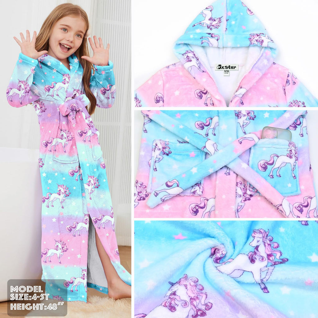 Jxstar Girls Bathrobes Kids Long Hooded Robes Plush Full Length Coral Fleece Pajamas Sleepwear