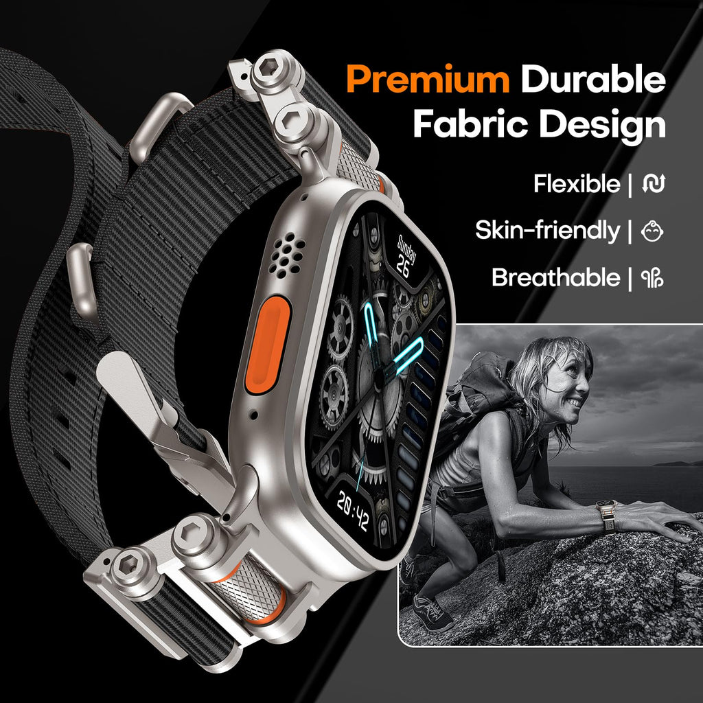 TAURI Nylon for Apple Watch Bands SE/Series 9/8/7/6/5/4 44/45mm, Rugged Nylon Braided Strap & Stainless Steel Connector – iWatch 44mm/45mm Adjustable Woven Band for Men Women, All Black