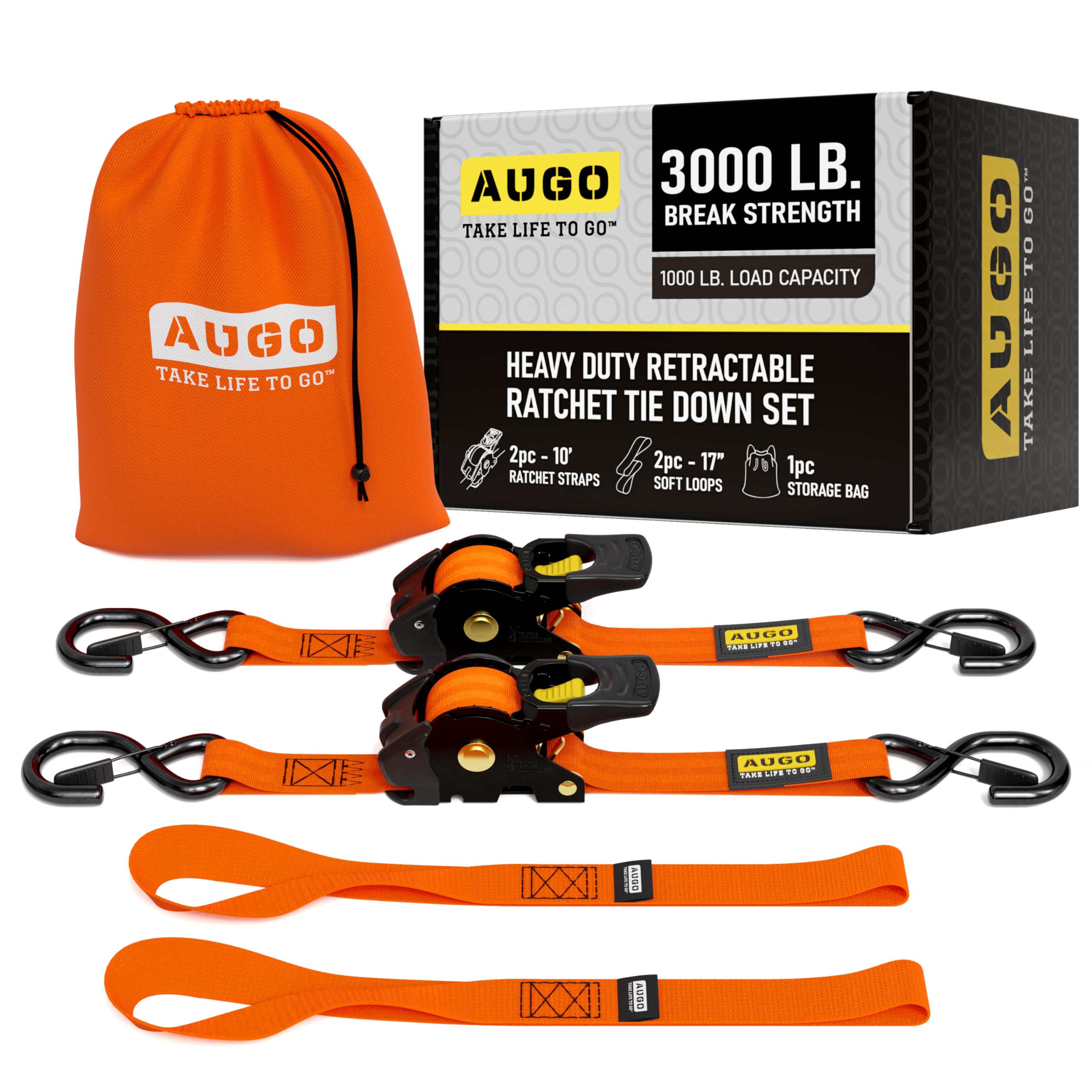 AUGO Retractable Ratchet Straps | 2 Heavy Duty Ratchet Straps Self Retractable Tie Downs with Soft Loops & Storage Bag for Motorcycle, Truck, Trailer, Cargo Van | 1200 Lb Break Strength 1” x 10’